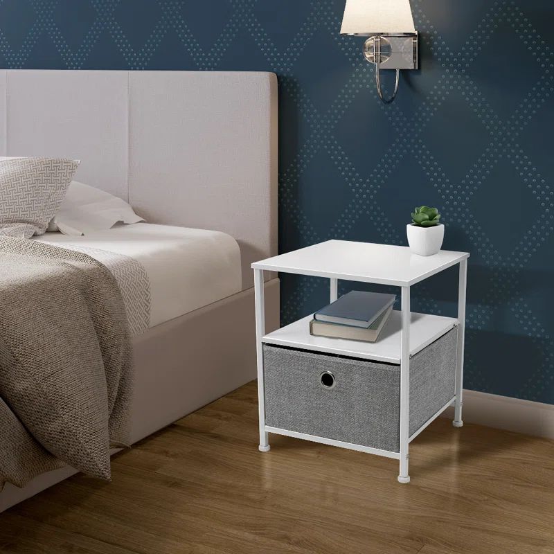 White Metal and Fabric 1-Drawer End Table with Shelves