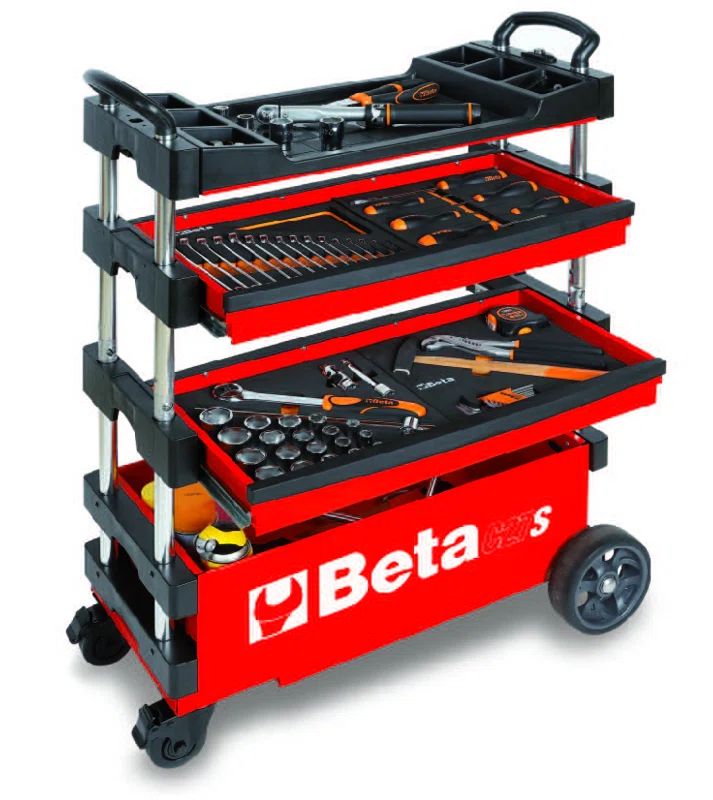 Beta Red Collapsible Rolling Metal Tool Cart with Ball-Bearing Slides