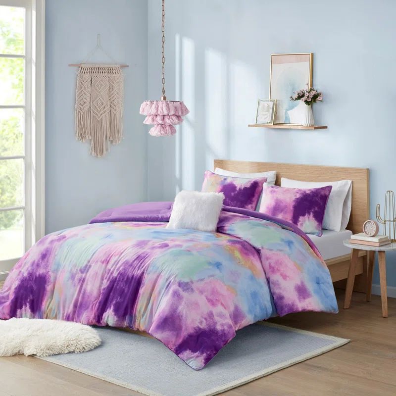 Lavender Full Microfiber Tie Dye Comforter Set with Decorative Pillow