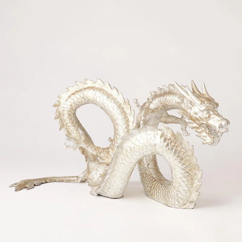 Silver Cast Iron Dragon Figurine with Leaf Finish