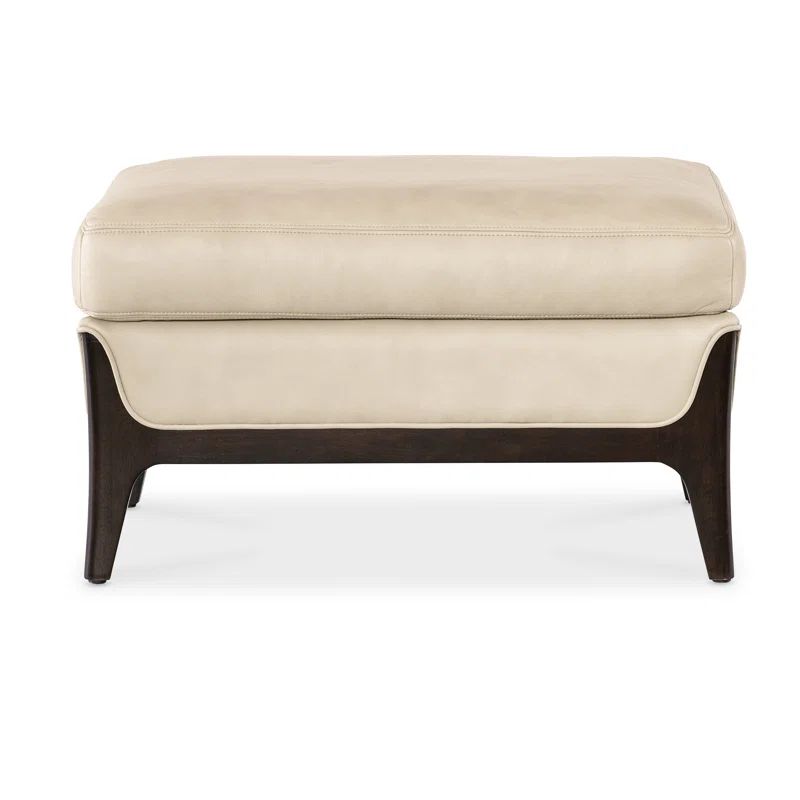 Beige Leather Ottoman with Dark Wood Legs