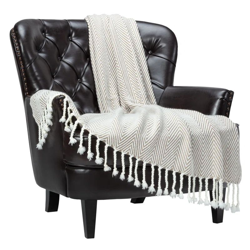 Taupe Textured Knit Acrylic Polyester Throw Blanket with Tassels - 50" x 65"