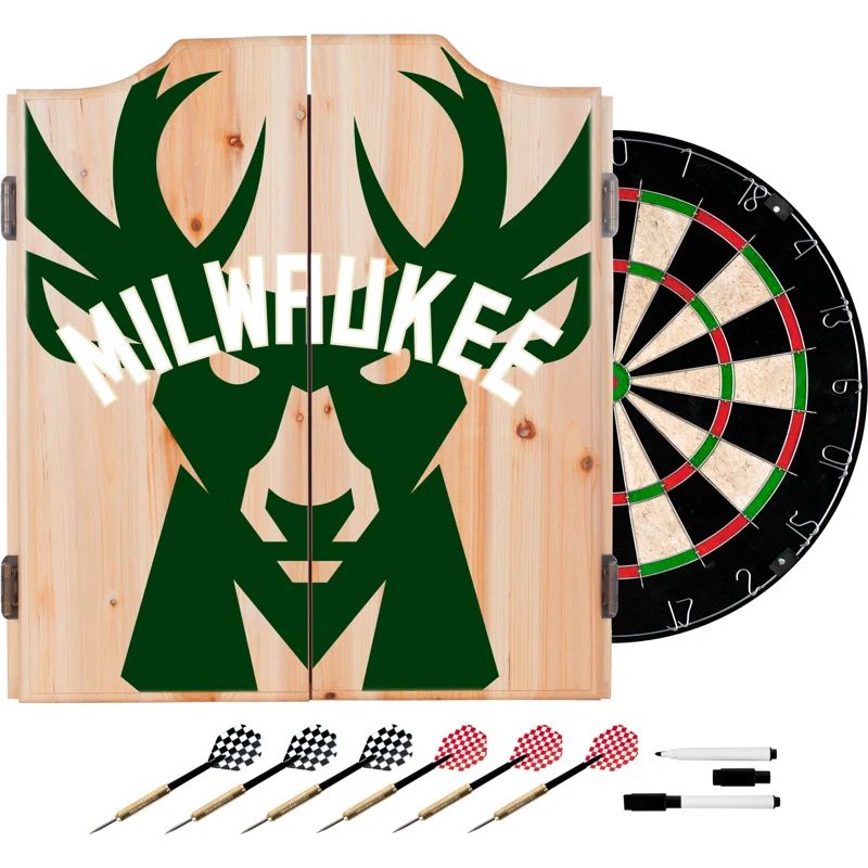 Milwaukee Bucks Wood Dartboard Cabinet Set with Steel Tip Darts