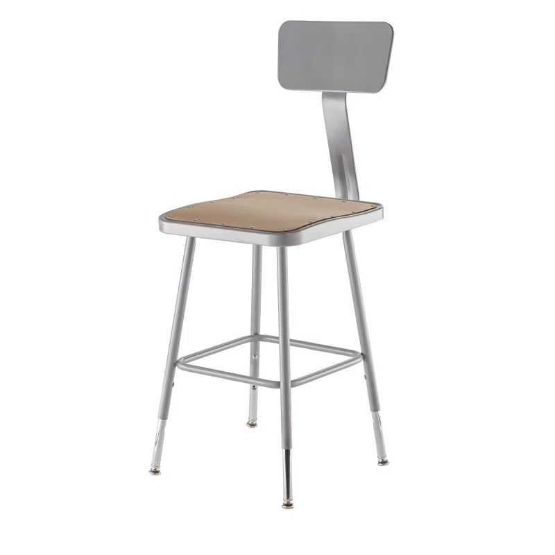 Adjustable Gray Steel Stool with Natural Wood Seat and Backrest