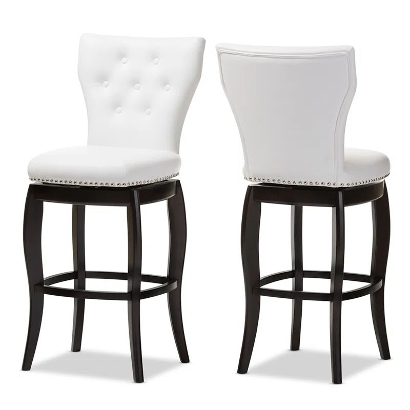 White Faux Leather Button-Tufted Swivel Bar Stools with Dark Wood Legs, Set of 2