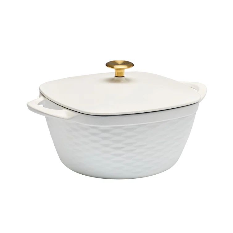 White Enameled Cast Iron Square Dutch Oven with Gold Knob