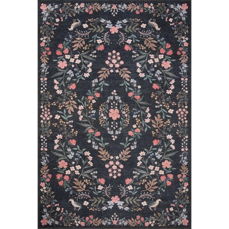 Botanical Elegance Fade-Resistant Black Wool Blend Area Rug