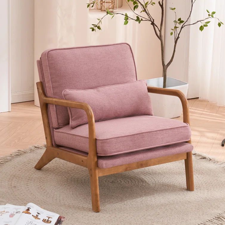 Pink Linen Blend Barrel Accent Chair with Wood Frame