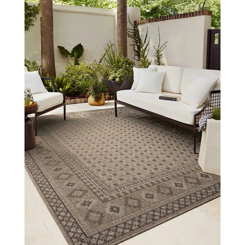 Ivory and Charcoal Woven Polyester Indoor/Outdoor Runner Rug