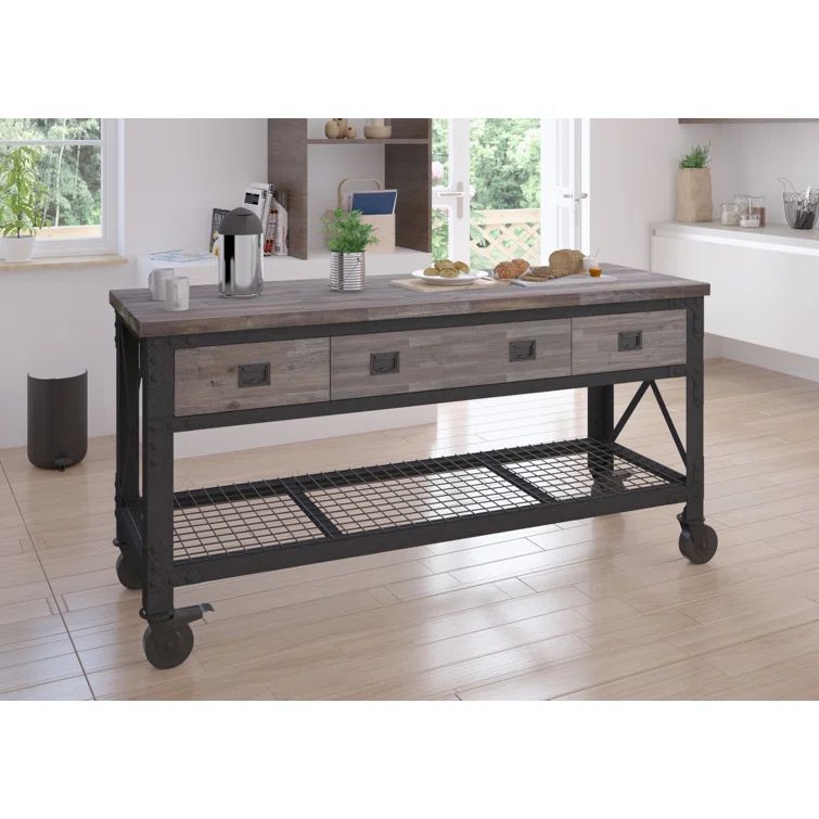 Industrial Aged Espresso 72" 3-Drawer Mobile Workbench with Solid Wood Top