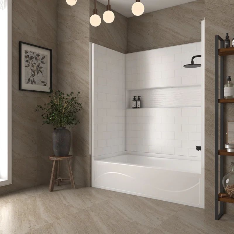 White Acrylic Alcove Tub Surround with Right Drain Soaking Bathtub Combo