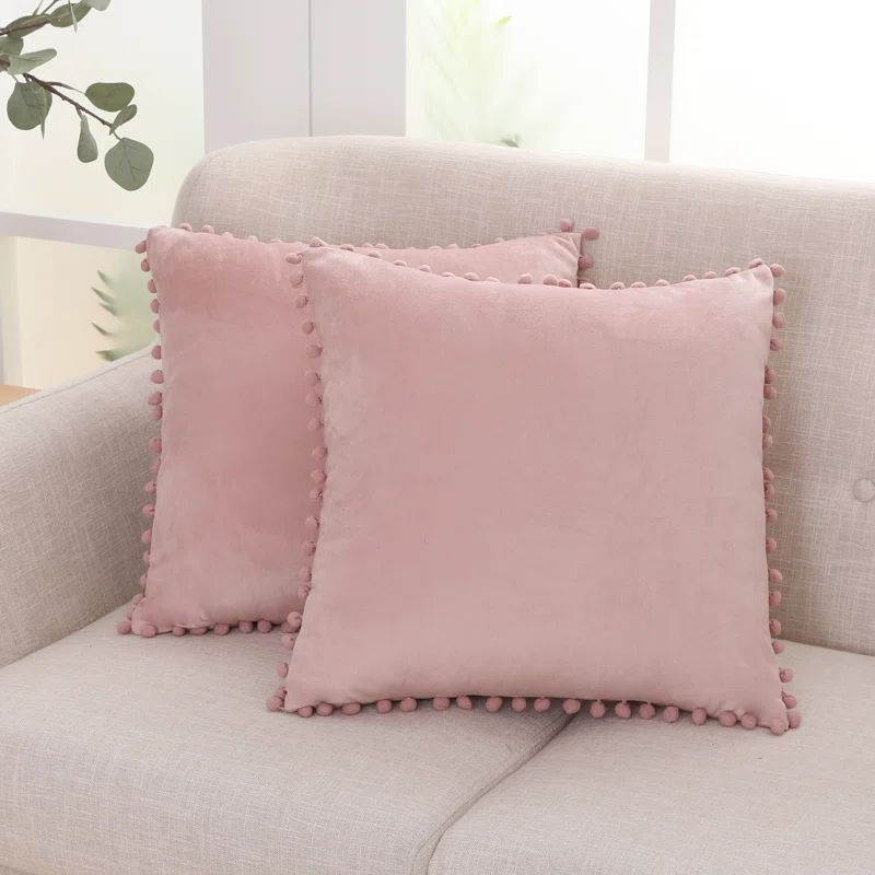 Pink Velvet Euro Pillow Covers with Pom-Poms, Set of 2