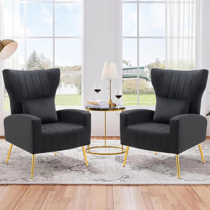 Black Velvet Wingback Accent Chair Set with Gold Legs