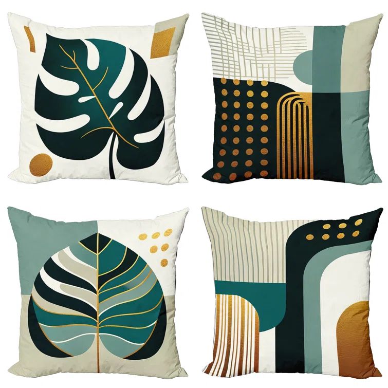 Dark Teal and Orange Mid Century Modern Geometric Pillow Covers, Set of 4, 16"