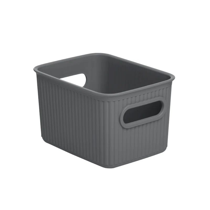 Gray Ribbed Rectangular Plastic Storage Basket with Handles