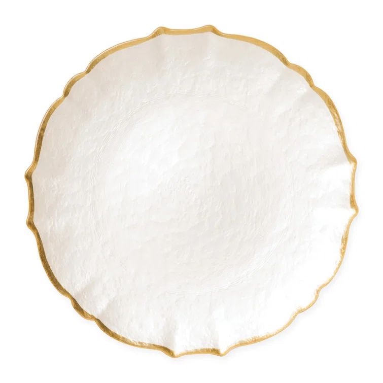 Handcrafted White Glass Charger Plate with Gold Rim, 13" Round