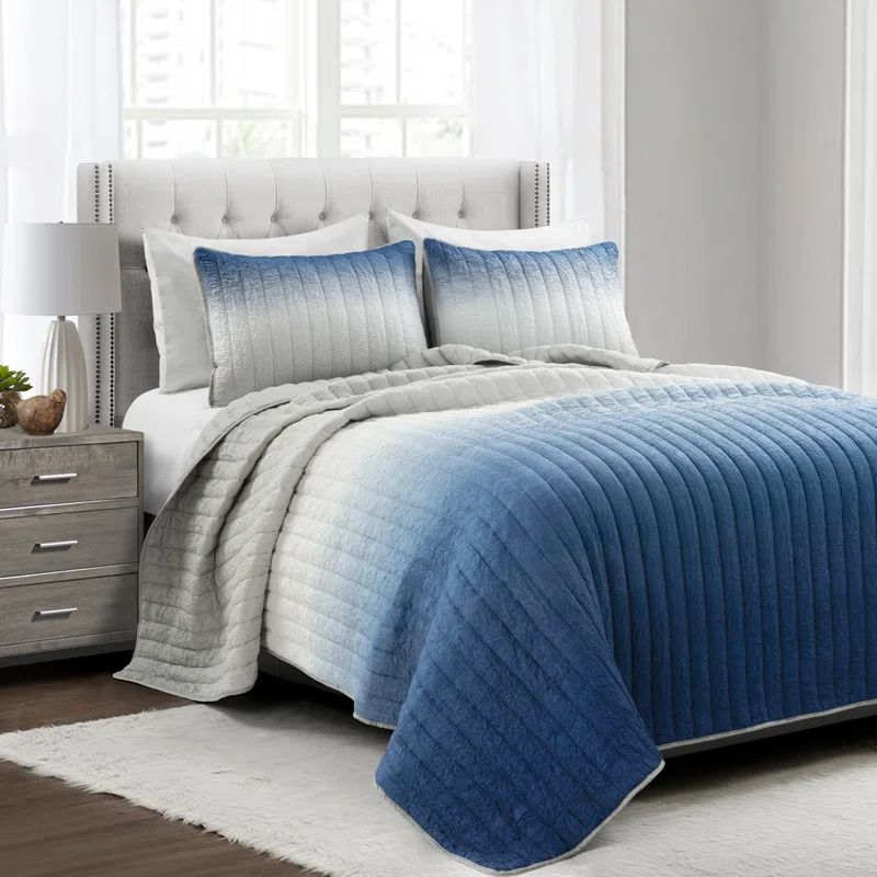 Navy and Gray Ombre Reversible Microfiber Full/Queen Quilt Set