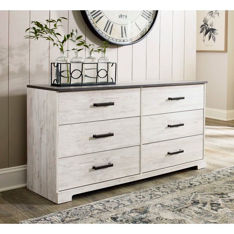 Transitional Whitewash & Gray 59" Industrial 6-Drawer Dresser