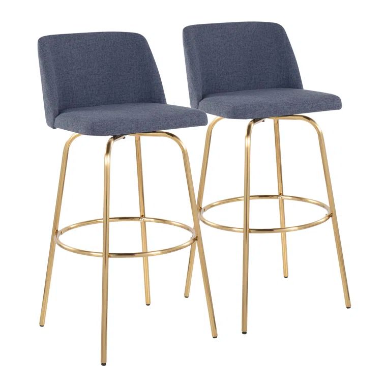 Toriano Blue Fabric and Gold Metal Swivel Barstools, Set of 2