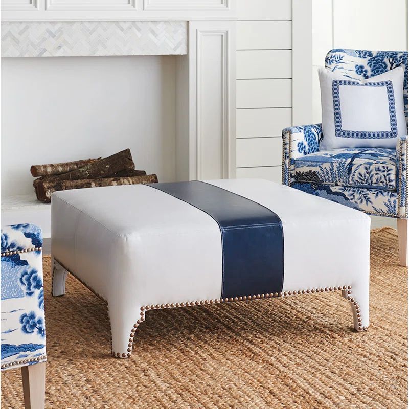 Sheffield White and Blue Leather Cocktail Ottoman