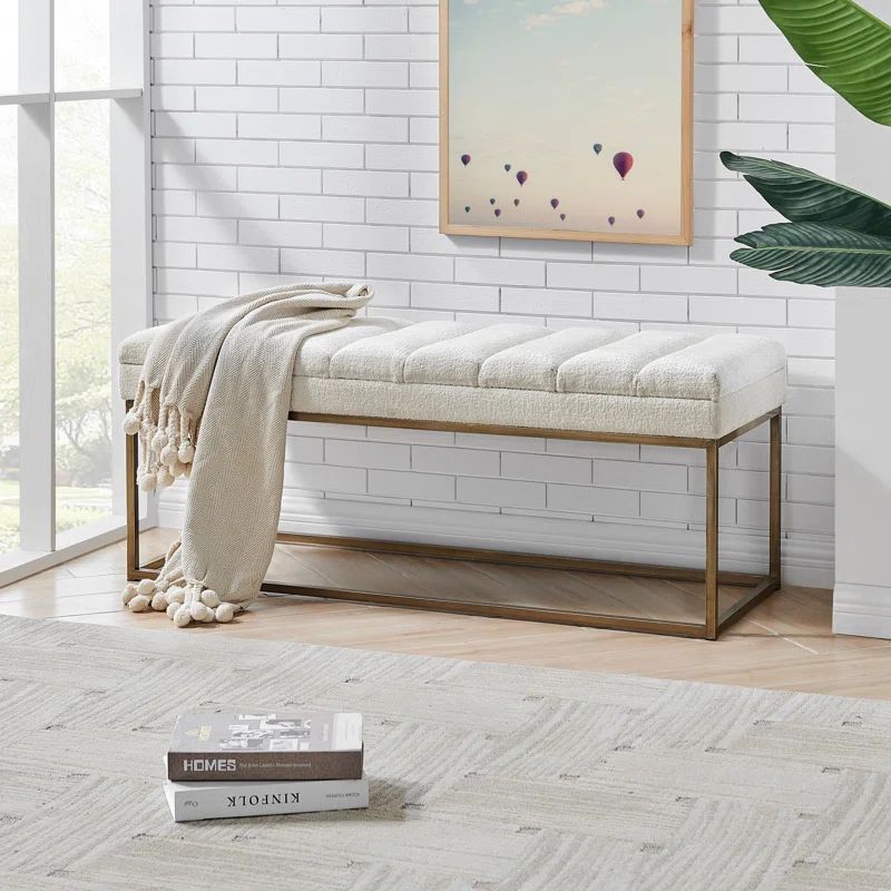 Cream Polyester Upholstered Bench with Brushed Gold Steel Base