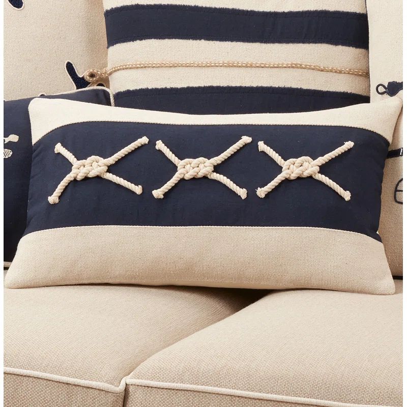 Navy Blue and Beige Cotton Rope Knots Lumbar Pillow Cover