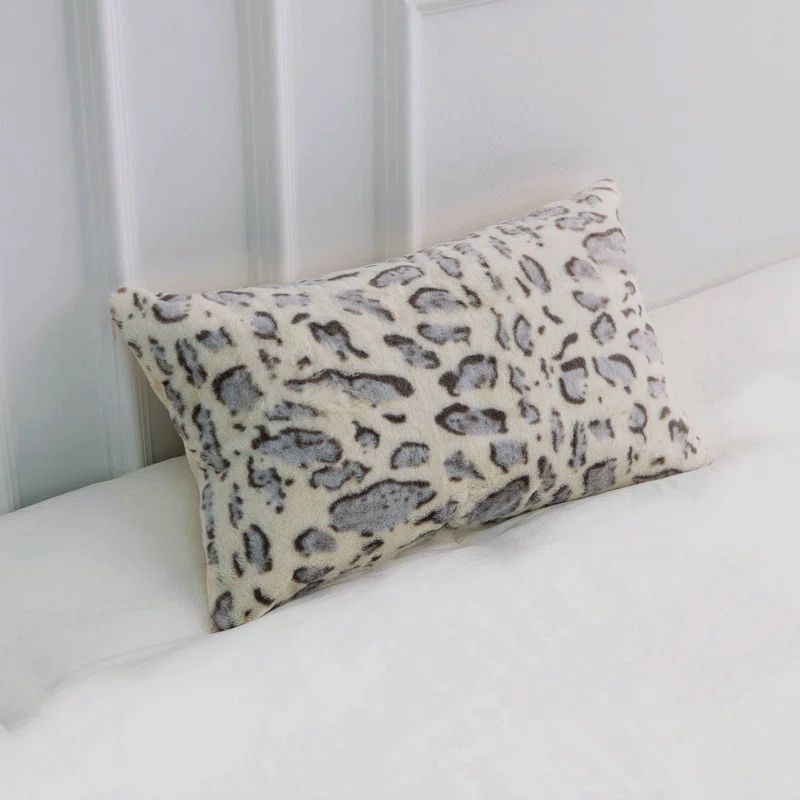 Set of 2 Gray Animal Print Faux Fur Lumbar Throw Pillows