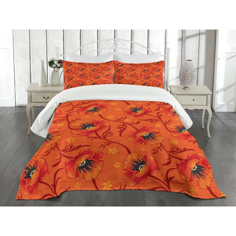 Orange Floral Quilted Queen Bedspread Set with Shams