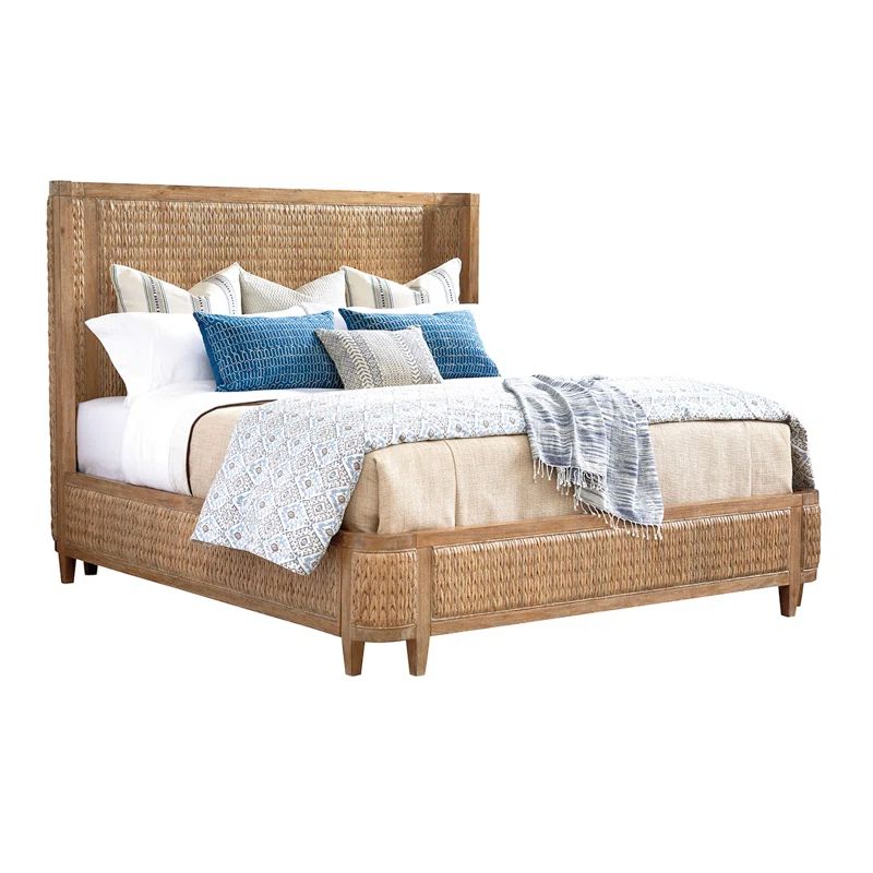 King Brown Woven Wood Frame Upholstered Panel Bed