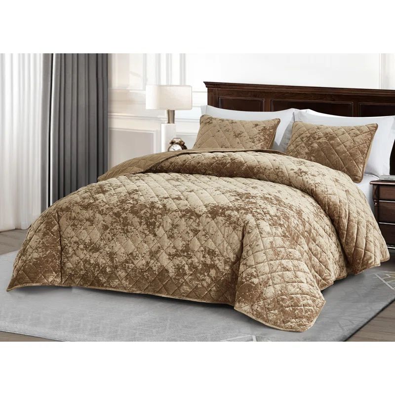 Lux Tan Velvet Queen Quilt Set with Diamond Stitching