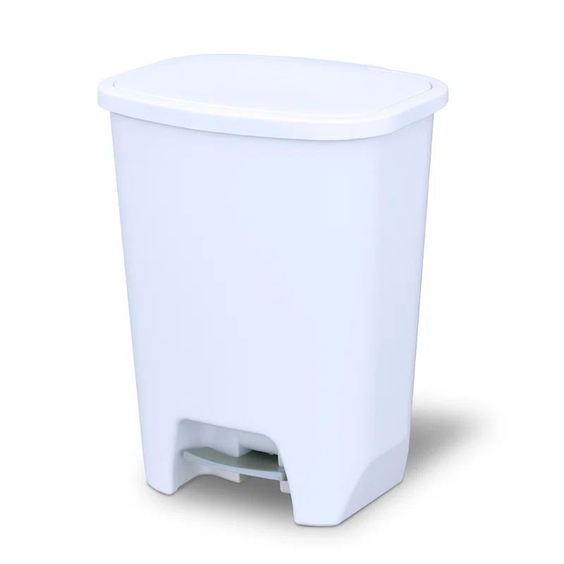 White Plastic Step-On Trash Can with Odor Protection