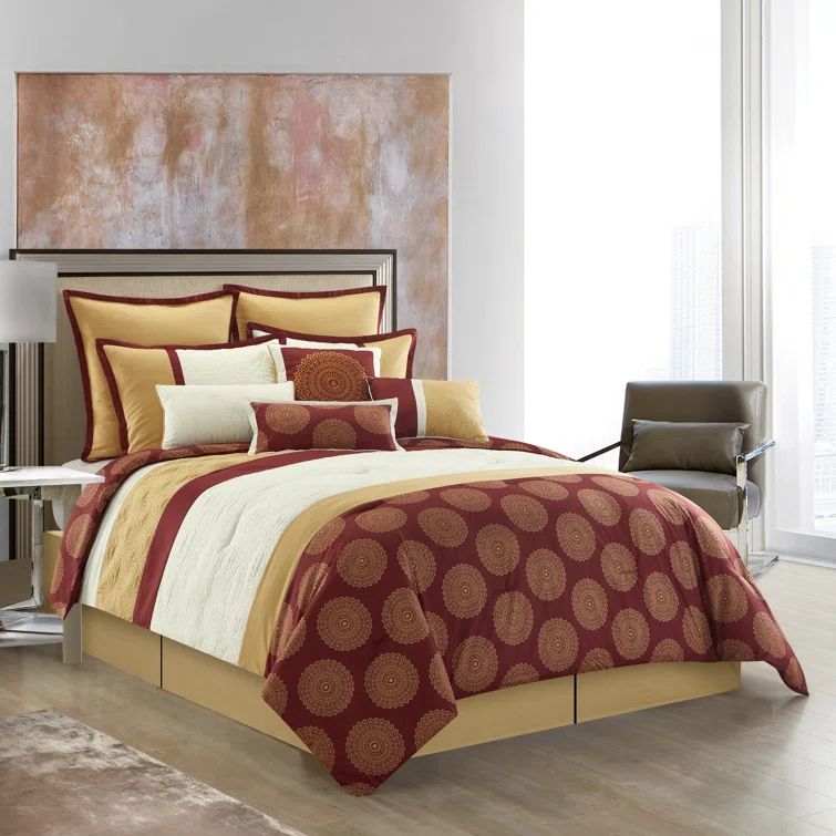 King Burgundy and Gold Medallion Print Comforter Set
