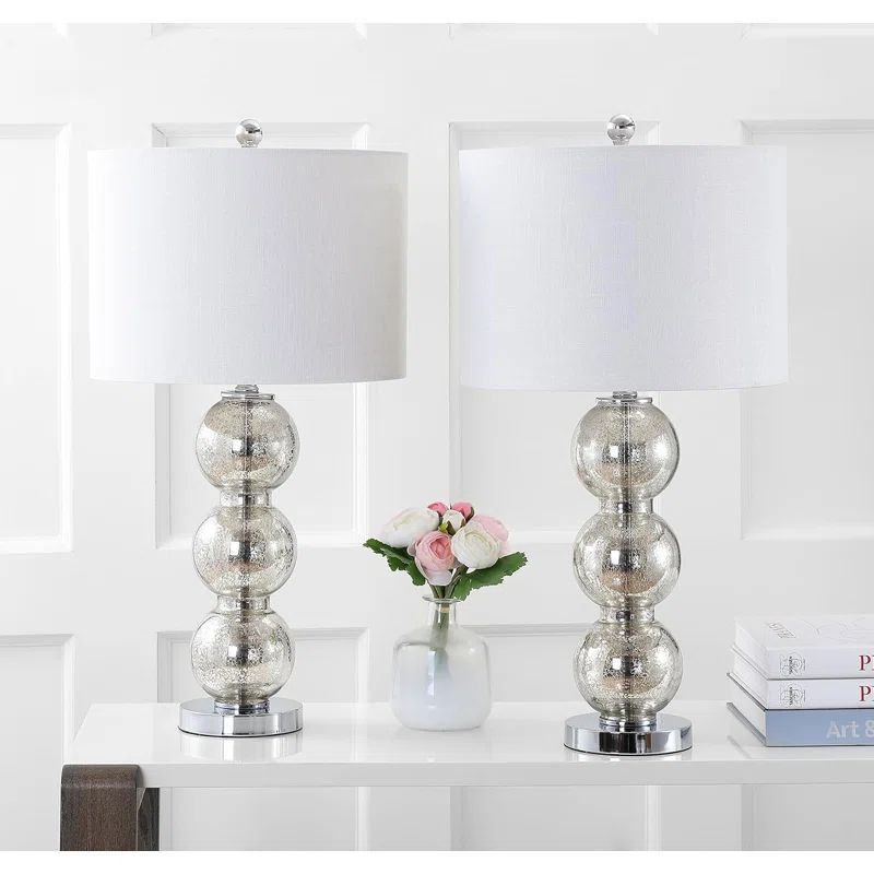 Mercury Silver Glass Triple-Sphere Table Lamp Set with Linen Shade