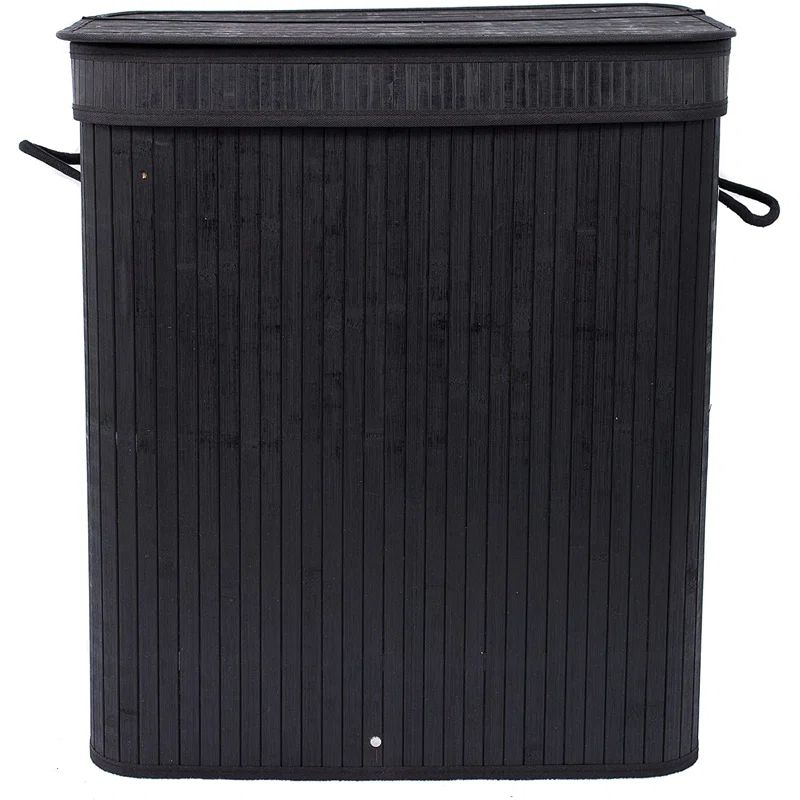Black Bamboo Double Laundry Hamper with Lid and Cloth Liner