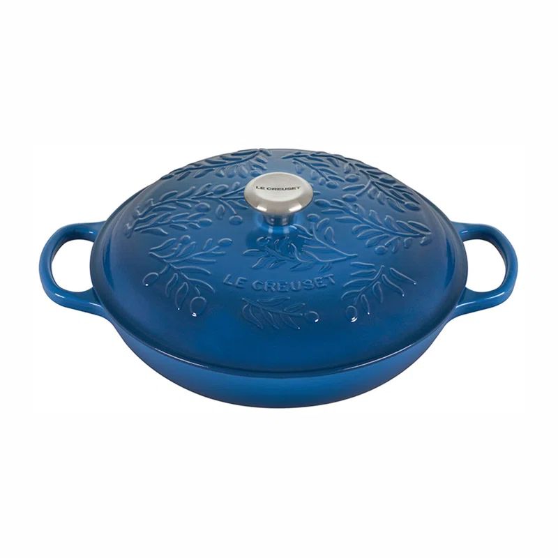 Blue Enameled Cast Iron Round Braiser with Embossed Lid, 3.5 Quarts