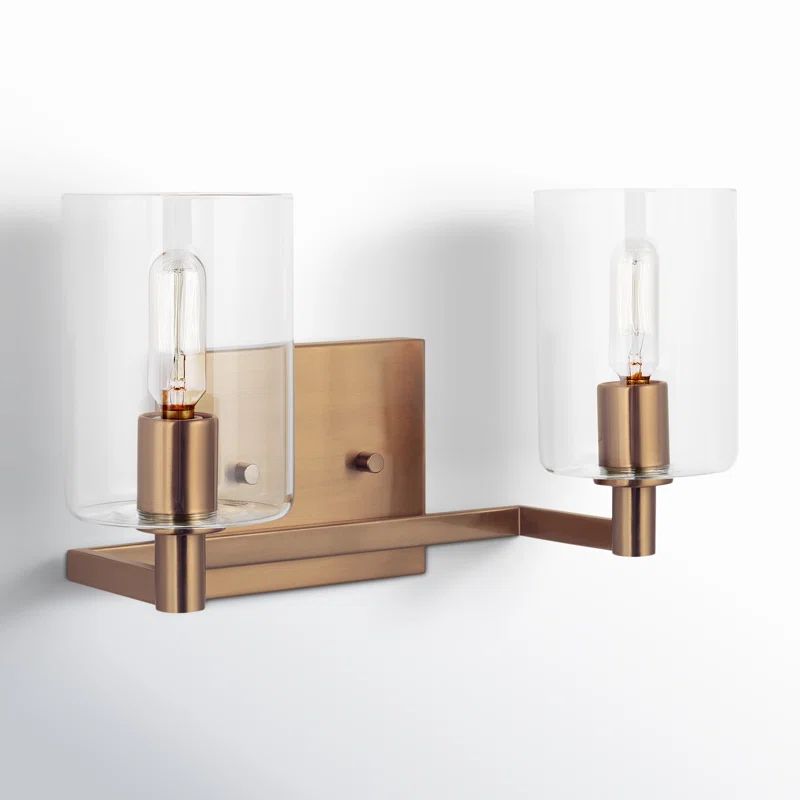 Satin Brass Dual Light Vanity Fixture with Clear Glass Shades