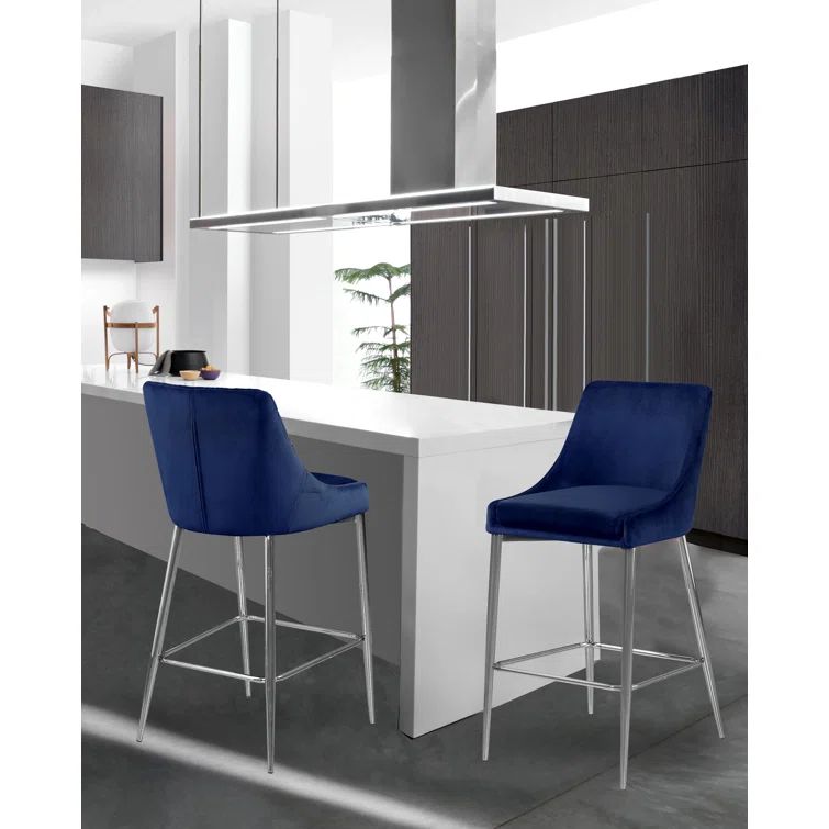 Navy Blue Velvet and Chrome Modern Counter Stools, Set of 2