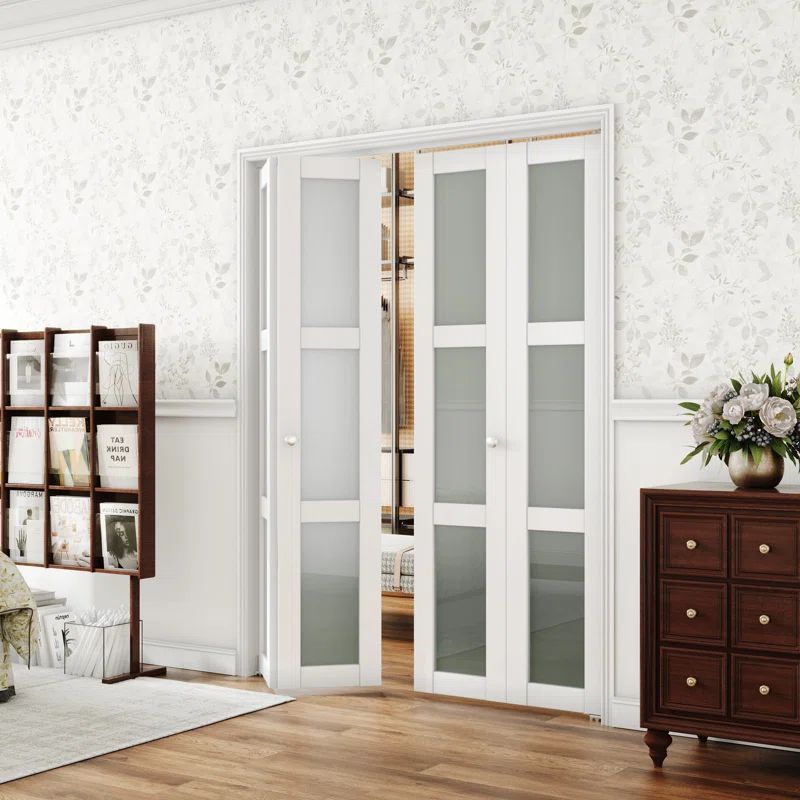 60 in. x 80 in. White MDF Bi-Fold Door with Frosted Glass Panels