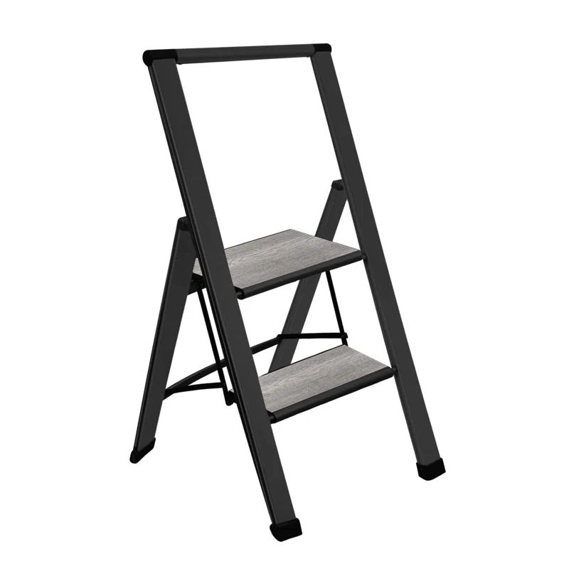 Slim Folding Black Aluminum and Gray Wood 2-Step Ladder