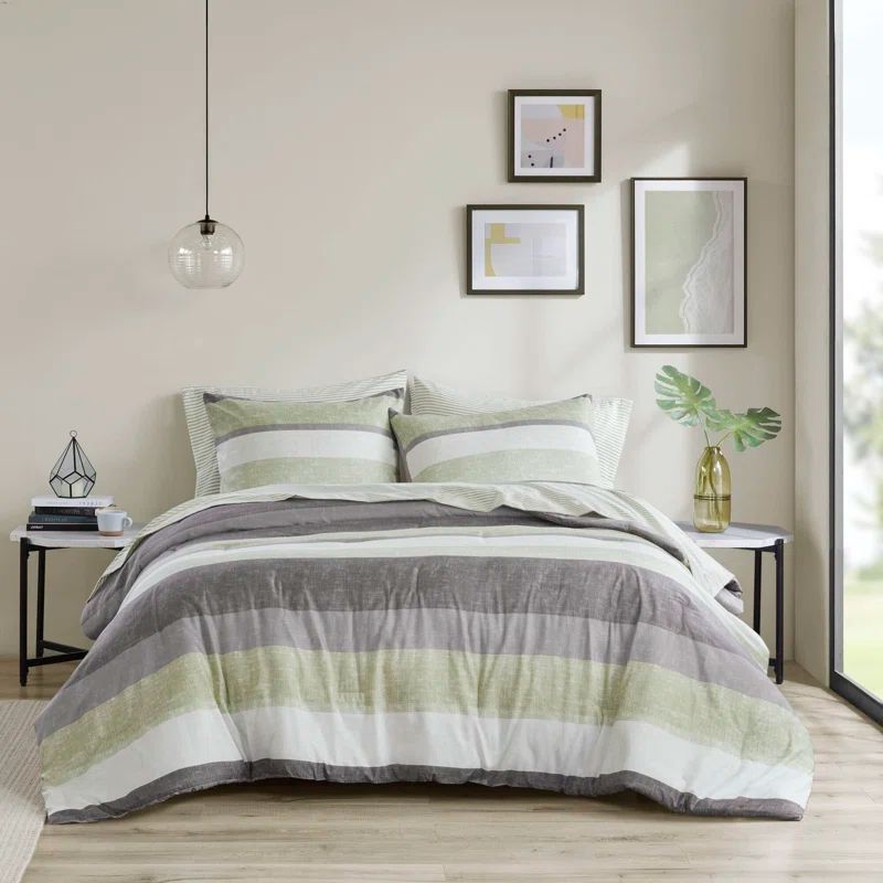 Queen Green and Gray Microfiber Reversible Bed in a Bag Set