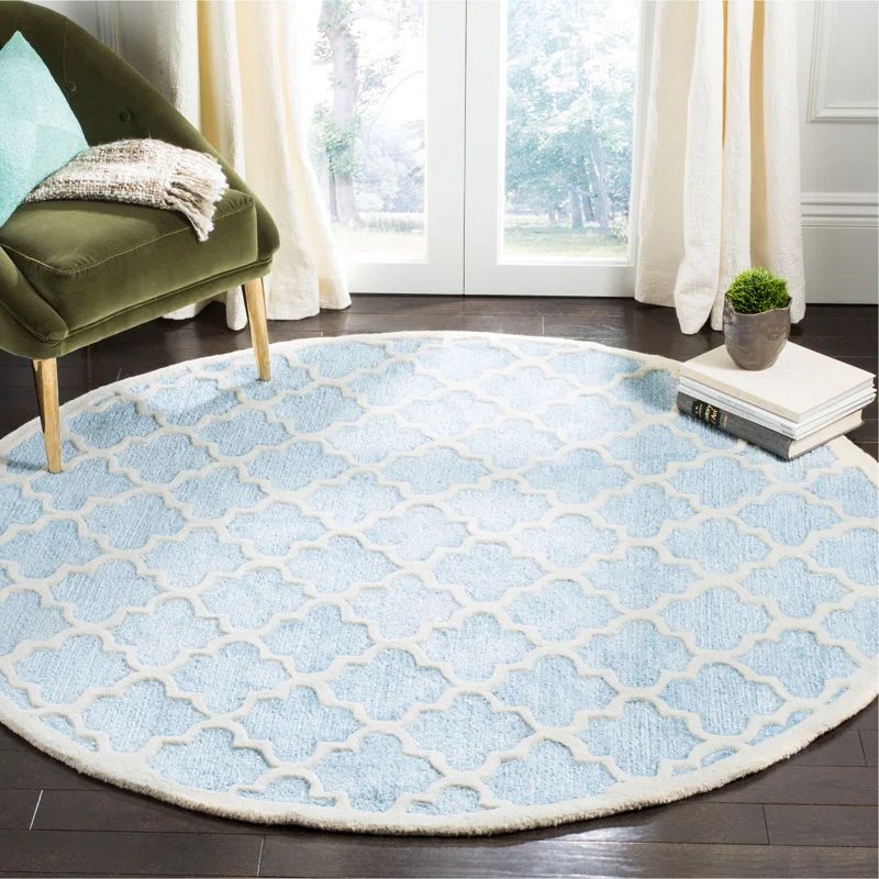 Mist Blue Hand-Tufted Geometric Wool Area Rug, 3' x 5'