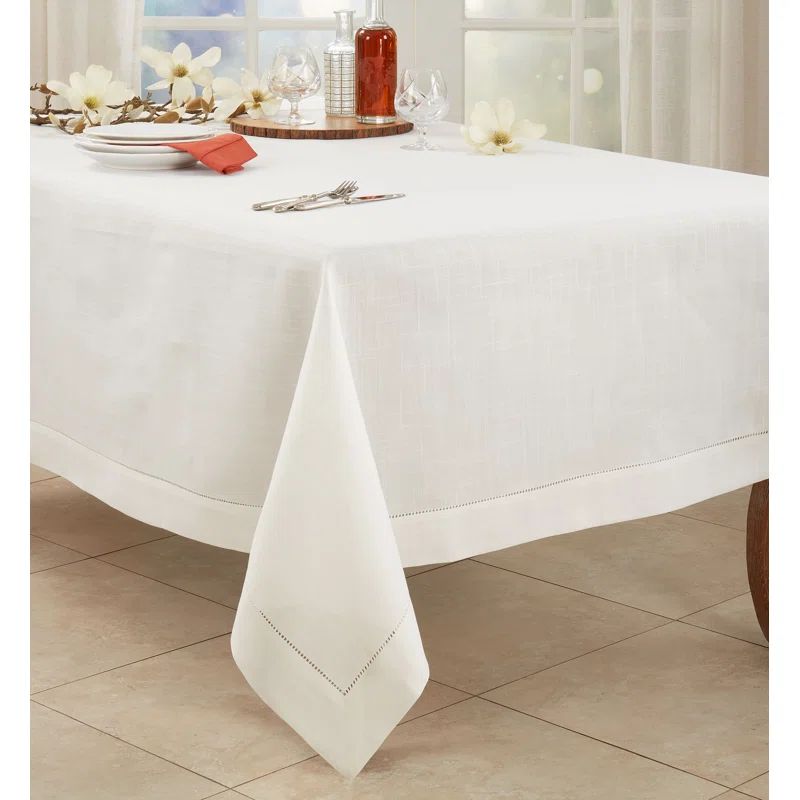 Ivory Hemstitched Border Rectangular Fabric Tablecloth