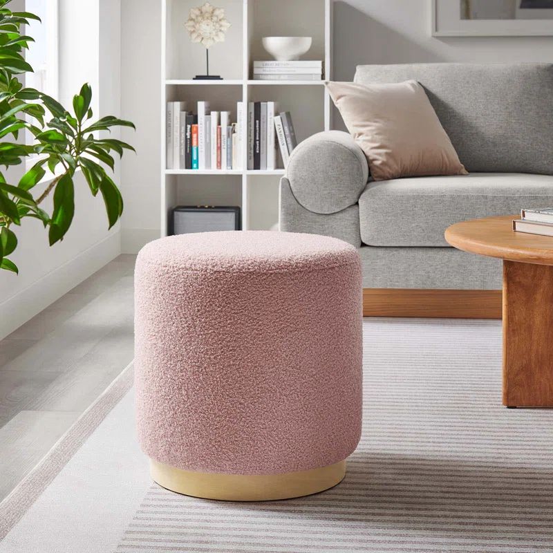 Blossom Pink Sherpa Upholstered Round Ottoman with Rubberwood Base