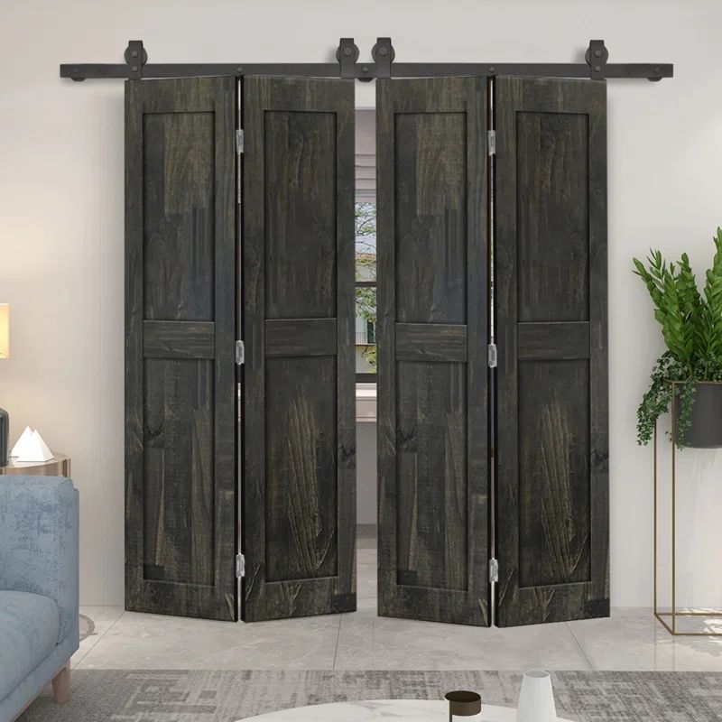Charcoal Black Pine Wood Double Bi-Fold Door with Sliding Barn Door Hardware Kit