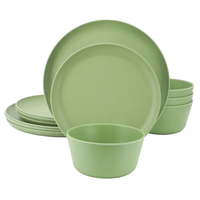Matte Green 12-Piece Melamine Round Dinnerware Set for 4