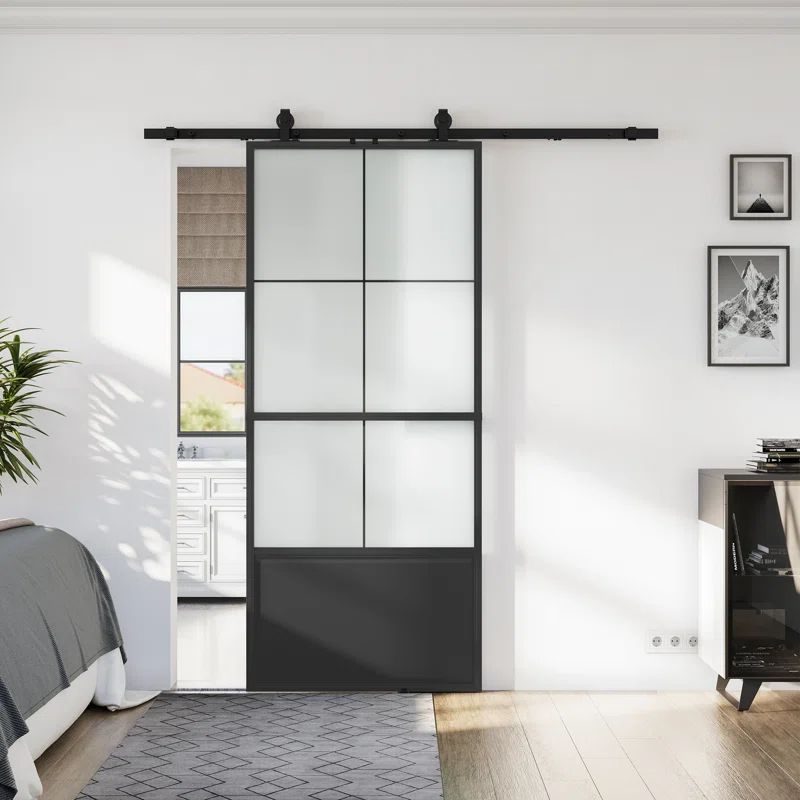 Black Aluminum and Frosted Glass Sliding Barn Door with Installation Kit