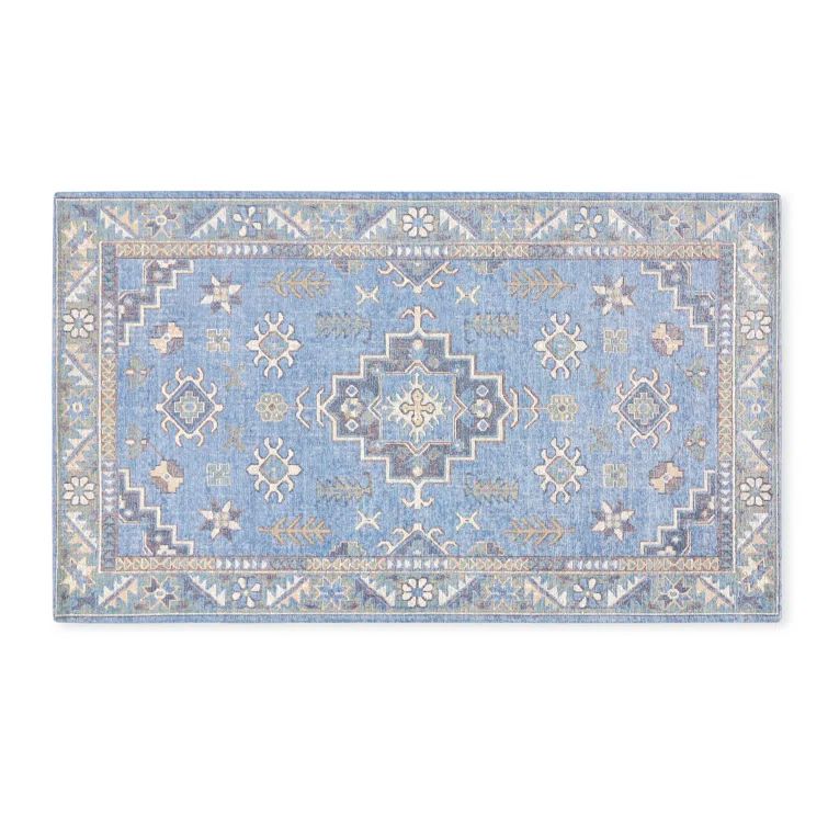 Blue and Ivory Cotton Polyester Geometric Runner Rug