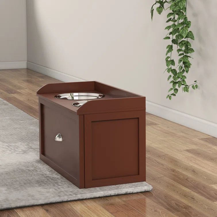 Brown Elevated Dog Feeding Station with Stainless Steel Bowls
