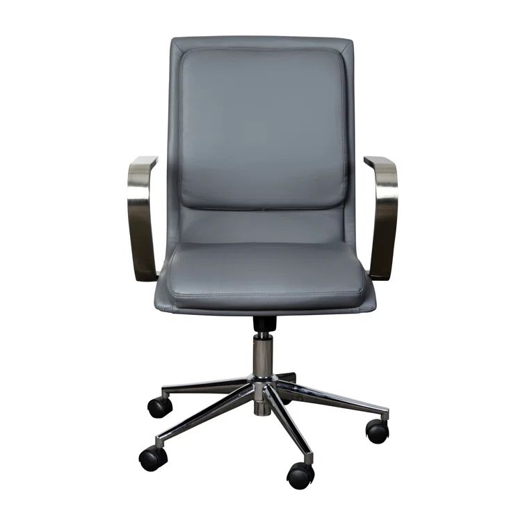 Modern Gray Leather Swivel Executive Office Chair with Brushed Chrome Base