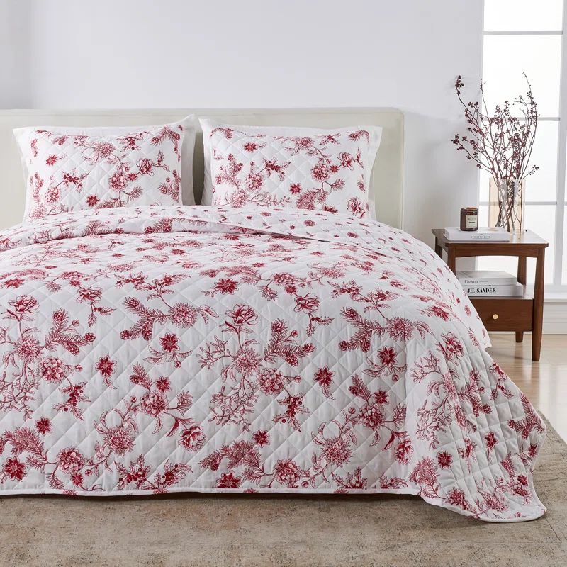 Festive Red and White Microfiber Twin Quilt Set